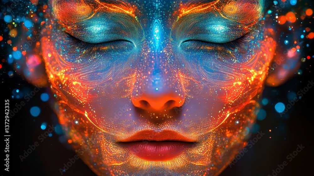 A vibrant, artistic depiction of a face illuminated with colorful patterns and ethereal designs, creating a mesmerizing visual effect.