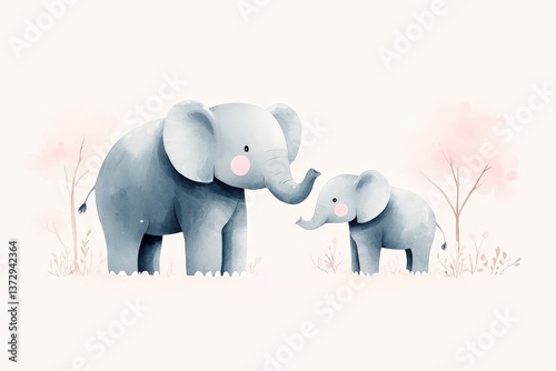 Delightful minimalist flat design of a baby elephant and its parent in a serene natural setting