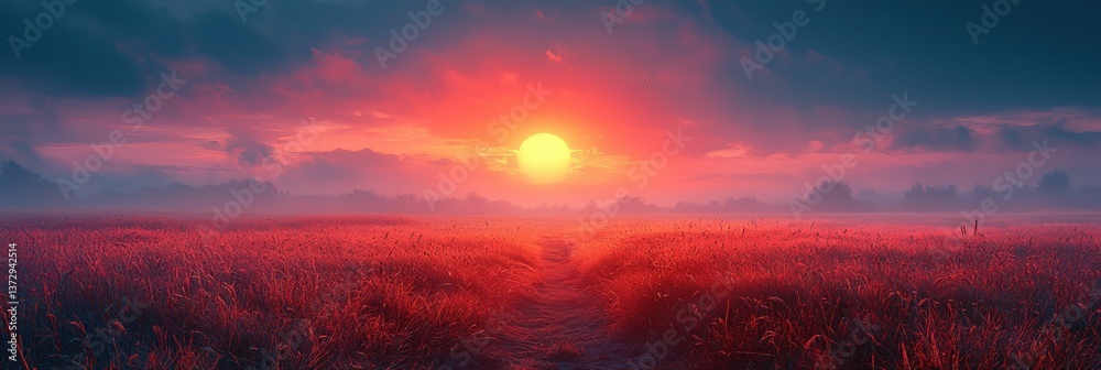 Serene sunset path through misty red grass field Serene sunset path through misty red grass field