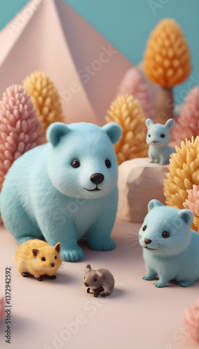 Adorable 3D Render of Cute Animals in a Whimsical Landscape