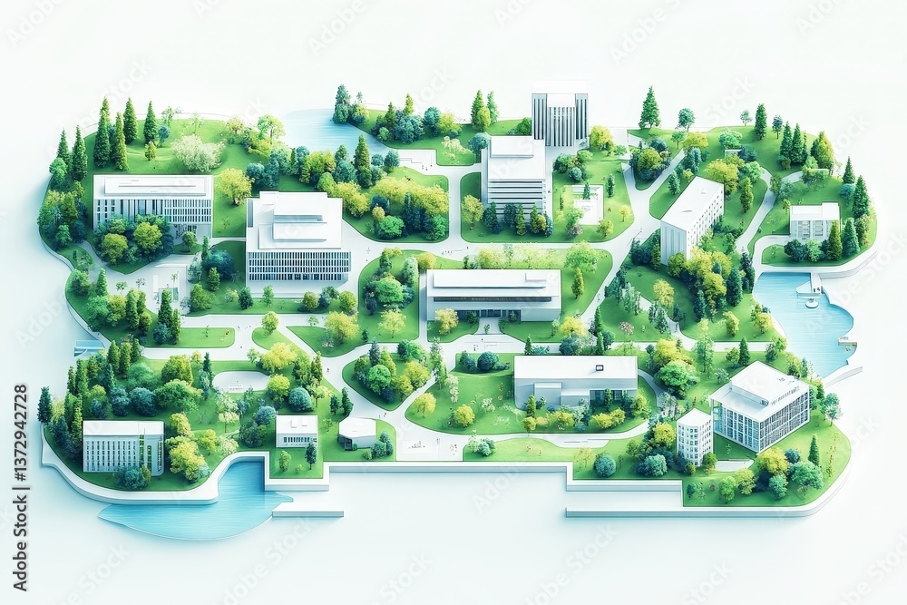 Exploring a vibrant minimalist campus landscape with modern buildings and lush greenery