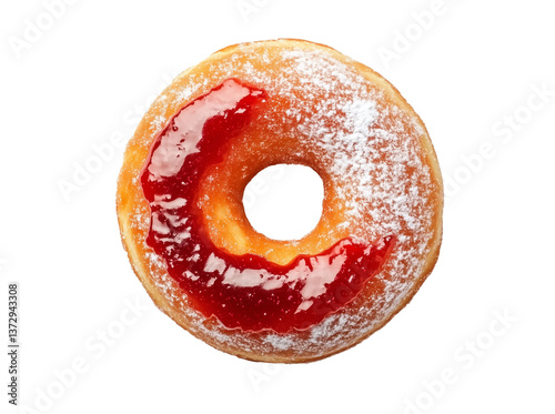 Donut with strawberry jam and powdered sugar on transparent background 