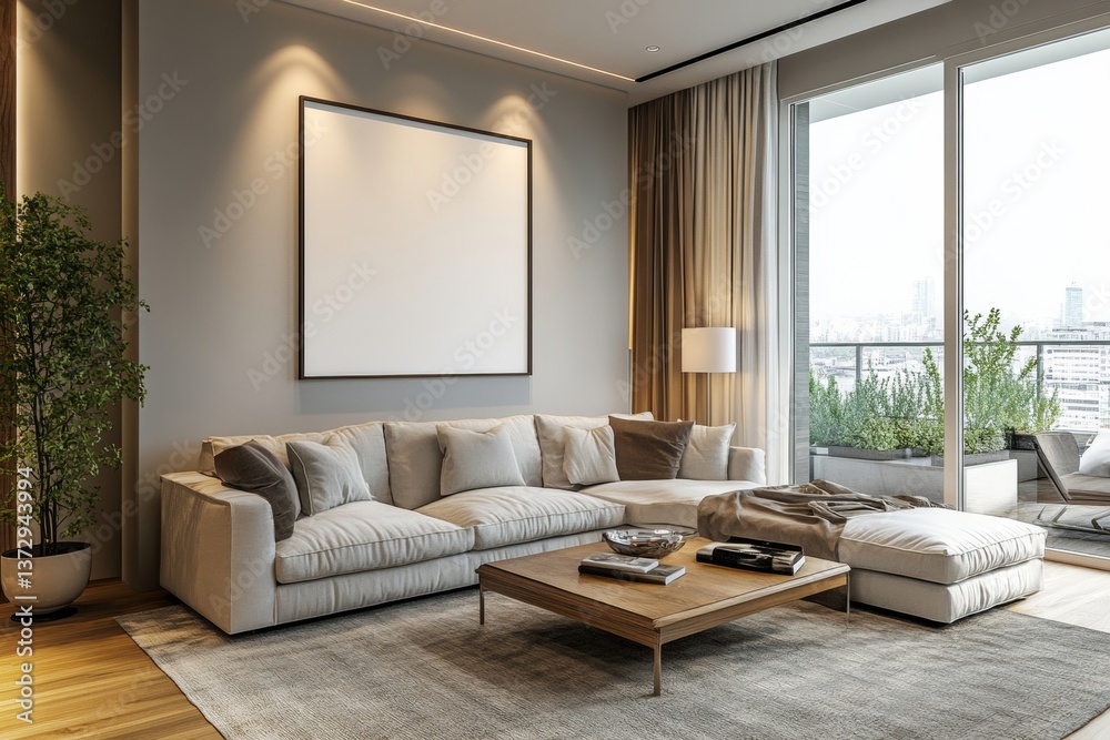 Fototapeta premium A modern living room with a large sectional sofa, a coffee table, and a balcony with city views
