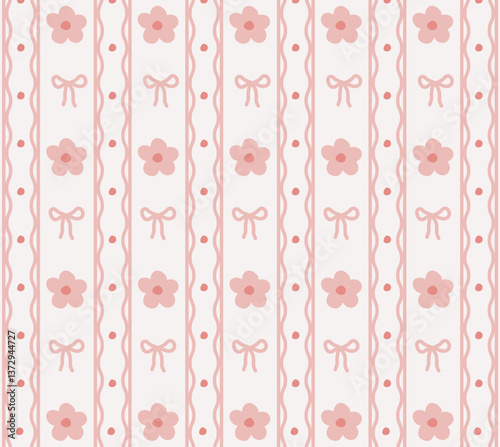 Trendy vintage vertical striped pattern with flowers and bows. Vector pink seamless print for print, wallpaper, textile, packaging, clothing, decor, surfaces and web. Trendy girly background design