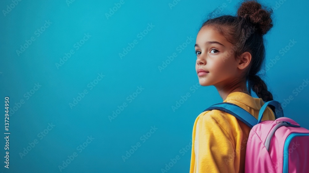 A vibrant blue backdrop showcases a young schoolgirl, ready for backtoschool excitement with plenty of space for your text. A vibrant blue backdrop showcases a young schoolgirl, ready for backtoschool excitement with plenty of space for your text.