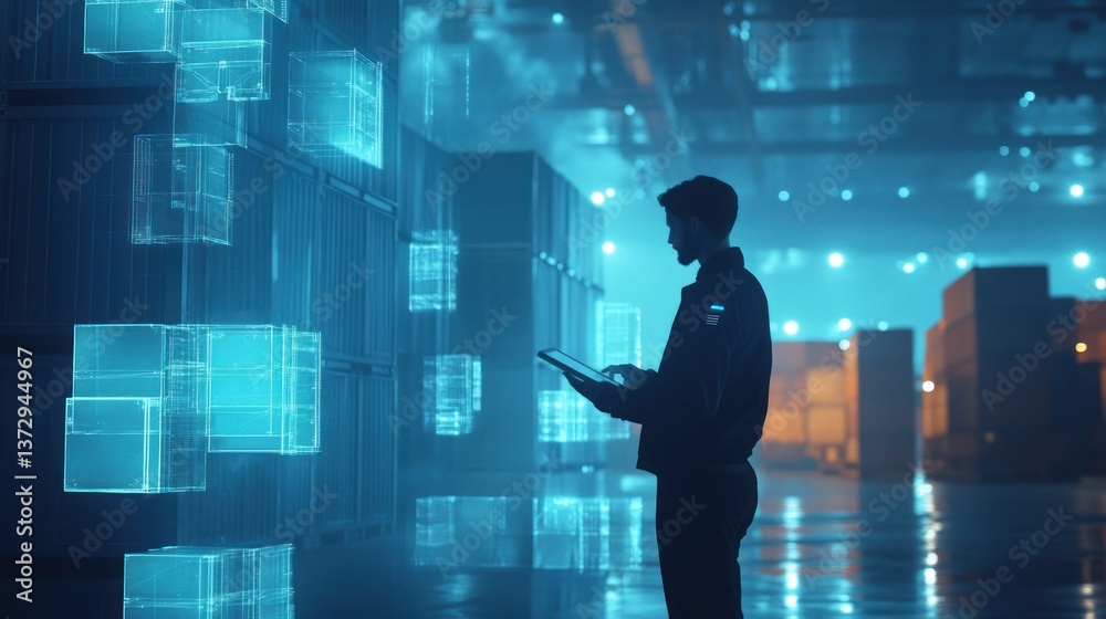 Man Using Tablet in a Modern Warehouse with Digital Cubes Man Using Tablet in a Modern Warehouse with Digital Cubes