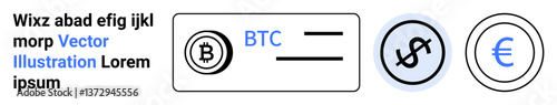 Bitcoin, dollar, and euro currency symbols illustrating finance and digital exchange systems. Ideal for fintech, blockchain, trading, investment, global economy, startups simple landing page