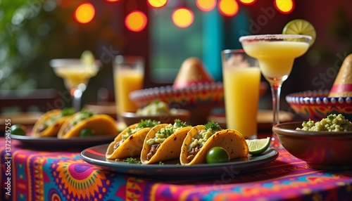 Colorful Mexican tacos and drinks on festive table  