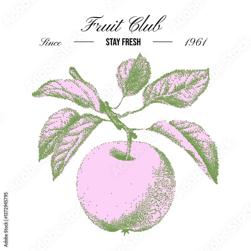 Apple branch harvest. Fruit vector illustration for t-shirt print, invitations, menus, greeting cards with text slogan. Dotted texture mediterranean summer halftone clipart. Dolce vita aesthetics.