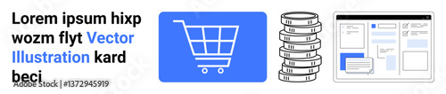 Shopping cart icon, coins, and website layout design. Ideal for e-commerce, finance, retail, technology, online business, marketing simple landing page