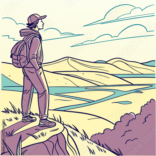 Hiker overlooking a scenic landscape from a hilltop, enjoying nature and the expansive view