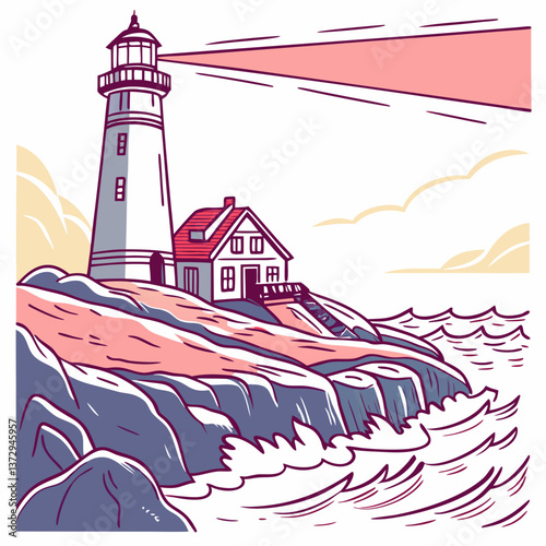 Lighthouse illuminating the rocky coast with a vibrant beam, surrounded by crashing waves and sky