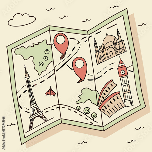 Illustrated travel map featuring iconic landmarks and routes for exploring famous destinations
