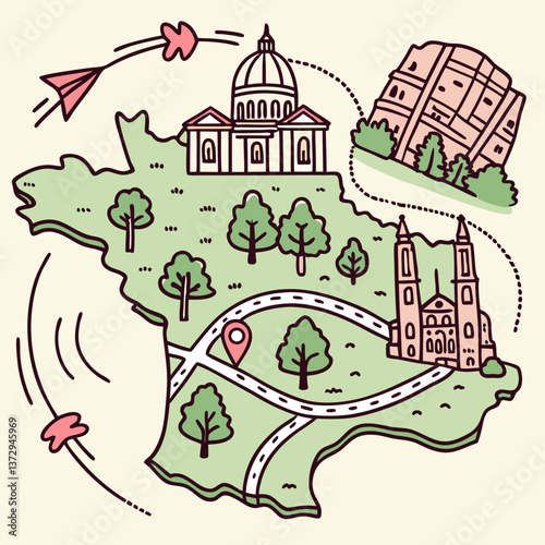 Illustrated travel map highlighting famous landmarks and routes for exploring a region's attractions
