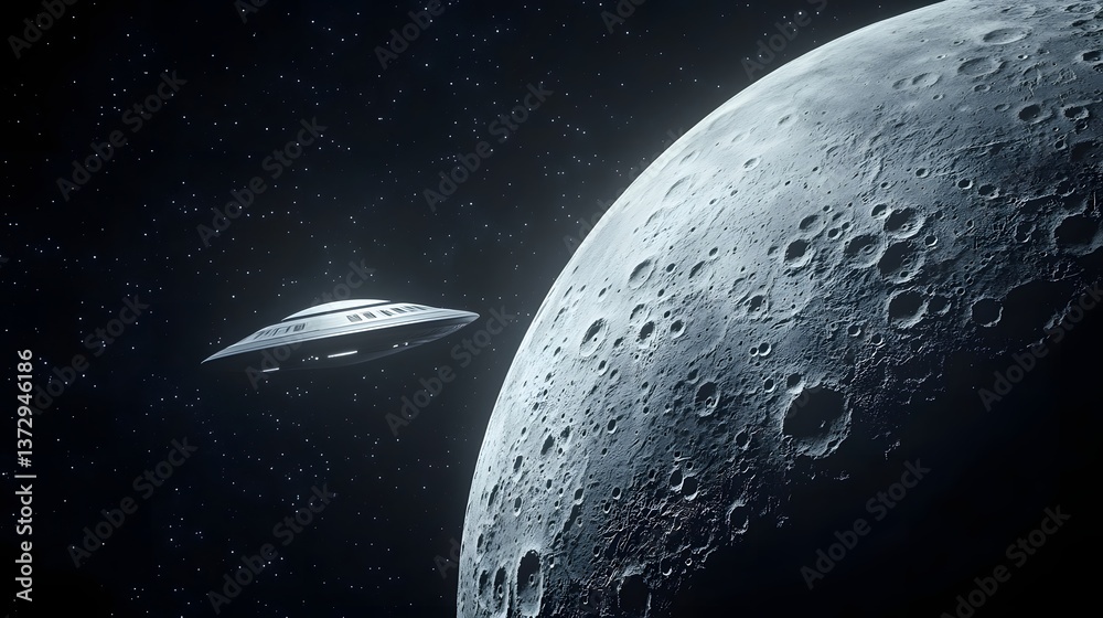 Obraz premium UFO flies over the big moon.