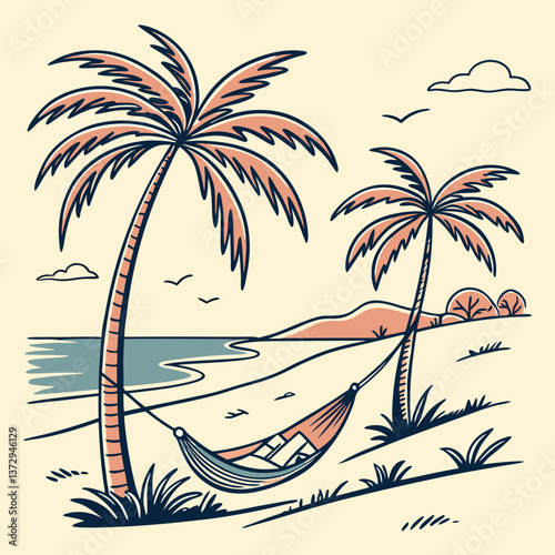 Relaxing hammock between palm trees on a tranquil beach with ocean view and sunshine