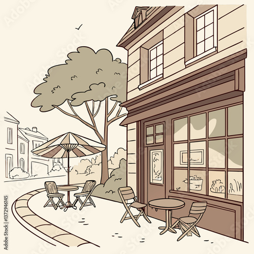 Quaint outdoor café setting with table and umbrella in soft colors