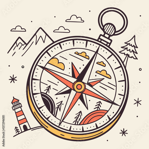 Artistic compass illustration surrounded by decorative stars and leaves