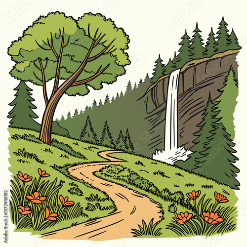 Serene nature scene with a waterfall and winding path in vibrant colors