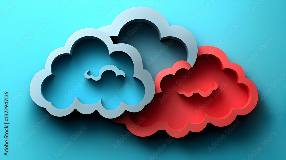 Three stylized clouds blue white and red overlap against a turquoise background casting soft shadows