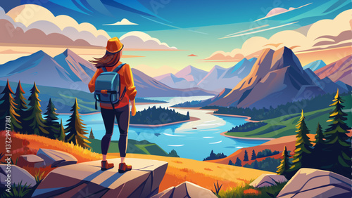 View from behind of a female hiker standing on the top of a mountain overlooking a beautiful scenic rocky mountain landscape and a lake. Gorgeous view from above