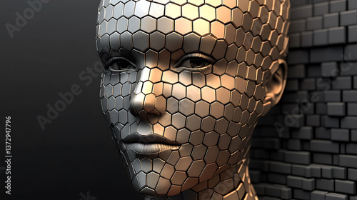 Stunning closeup of a metallic female face, its surface a mesmerizing honeycomb pattern.  The image evokes themes of technology, futurism, and artificial intelligence.