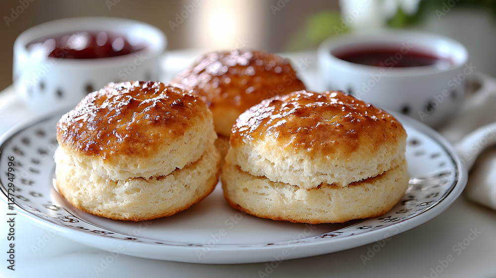 Three Golden Brown Scones on a White Plate with Berry Jam and Delicate Floral Design Set Against Soft Lighting and White Backdrop Three Golden Brown Scones on a White Plate with Berry Jam and Delicate Floral Design Set Against Soft Lighting and White Backdrop