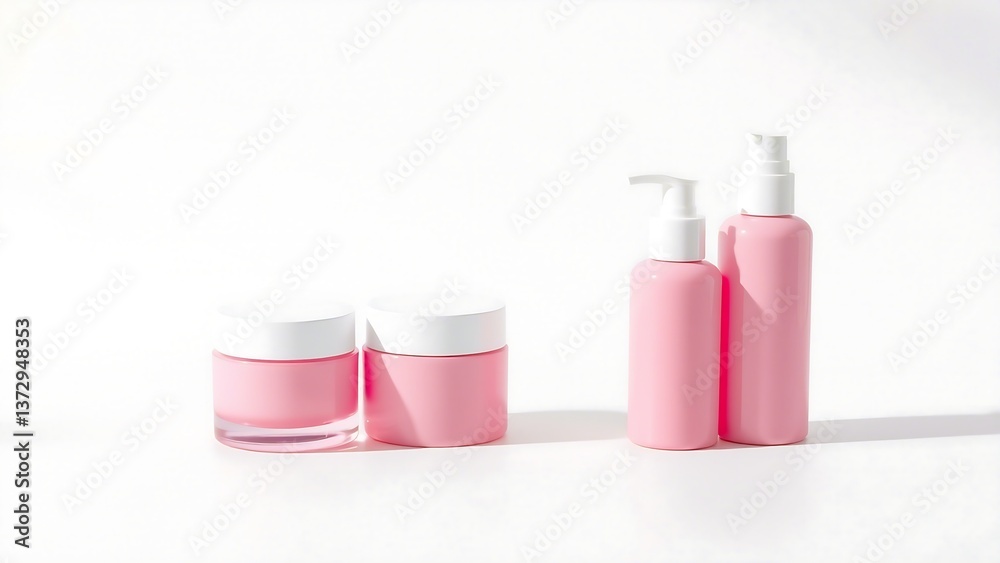 Elegant Pink Cosmetic Containers with White Lids on Minimalist White Background Elegant Pink Cosmetic Containers with White Lids on Minimalist White Background