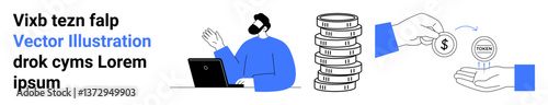 Man using laptop alongside stacked coins and two hands exchanging a dollar coin. Ideal for finance, investment, money management, business strategy, savings, technology, simple landing page