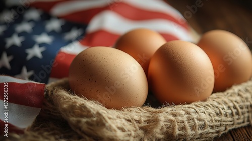 Fresh brown eggs in rustic burlap basket with American flag background