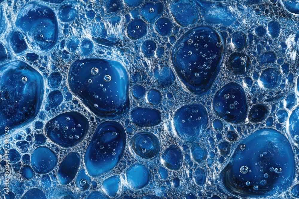 Blue bubbles float in a textured liquid, creating an abstract pattern that captivates the viewer's imagination in a close-up view Blue bubbles float in a textured liquid, creating an abstract pattern that captivates the viewer's imagination in a close-up view