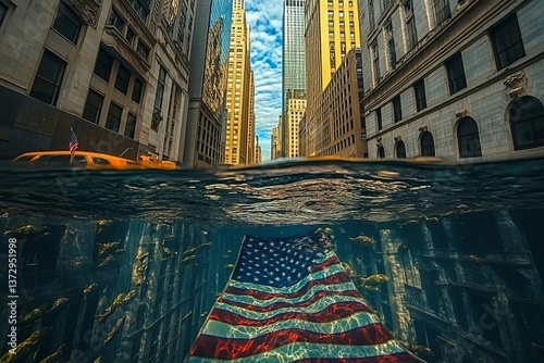 Split view of new york city street with american flag underwater and yellow taxi on the surface