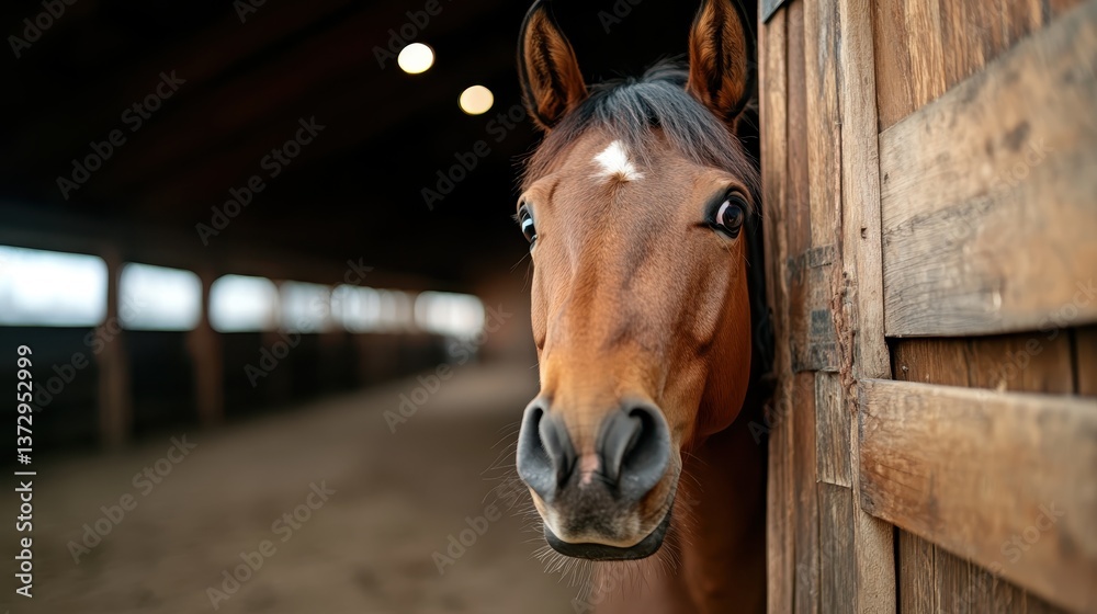 Fototapeta premium This stunning close-up image highlights a horse peeking from behind a wooden stable door, showcasing its vivid expression and unique personality in a cozy environment.