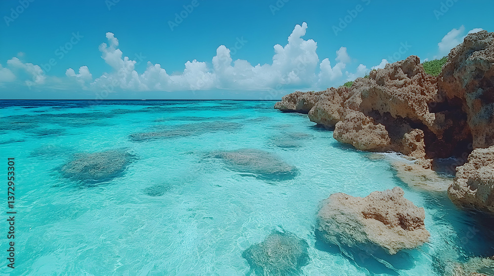Fototapeta premium Turquoise water meets rocky shores under a bright sky dotted with fluffy clouds A tranquil coastal scene reflecting se