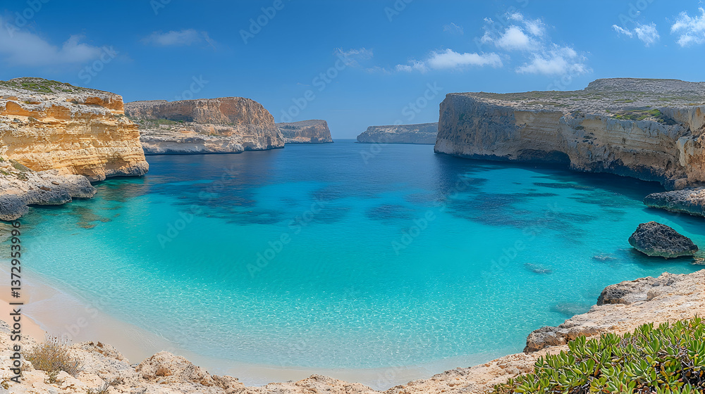 Obraz premium Turquoise waters meet cliffs under a blue sky forming a tranquil beach Green foliage adds a vibrant touch