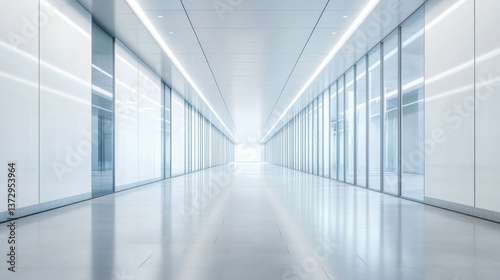 A futuristic, brightly lit corridor with a sleek, minimalist design. Perfect for conveying a sense of progress, technology, or innovation. Ideal for science fiction, corporate, or architectural projec