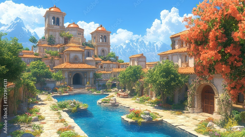 Naklejka premium Idyllic mountain village poolside serenity