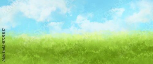 Abstract summer landscape vector watercolor background with blue sky, white clouds and green field. Watercolor illustration for interior, flyers, poster, cover, banner. Modern hand draw painting.