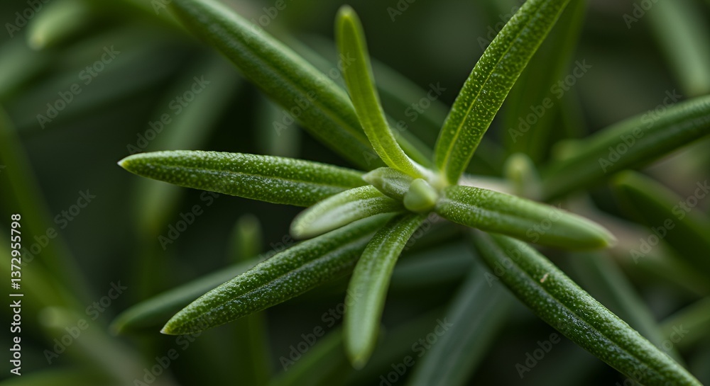 Ultra-detailed macro shot of fresh rosemary leaves, showing fine needle-like texture and vibrant green color Ultra-detailed macro shot of fresh rosemary leaves, showing fine needle-like texture and vibrant green color