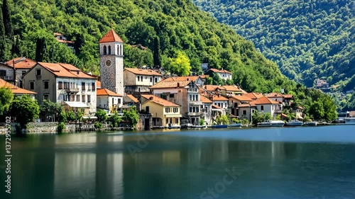 Wallpaper Mural Scenic lakeside village with historical architecture and lush mountains reflects tranquility in nature Torontodigital.ca