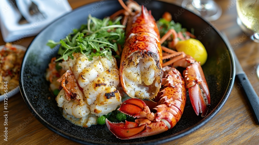 An exquisite serving of fine dining of lobster thermidor infused with herbs and spices An exquisite serving of fine dining of lobster thermidor infused with herbs and spices
