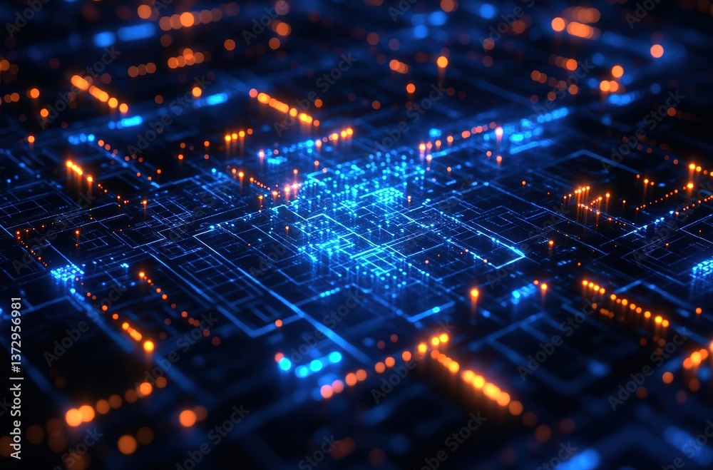 Fototapeta premium A technological circuit diagram in blue and orange tones with intricate circuits and glowing dots, representing digital technology and electronic systems.