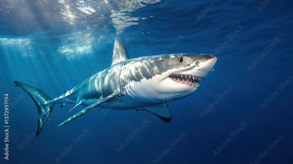Fototapeta premium Majestic great white shark gracefully gliding through sunlit ocean depths