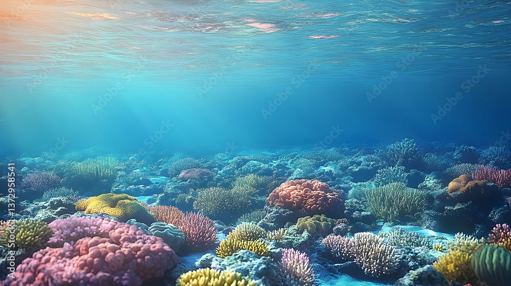 Fototapeta premium Underwater scene with colorful corals rocks and clear blue water creating an vibrant aquatic landscape illuminated by