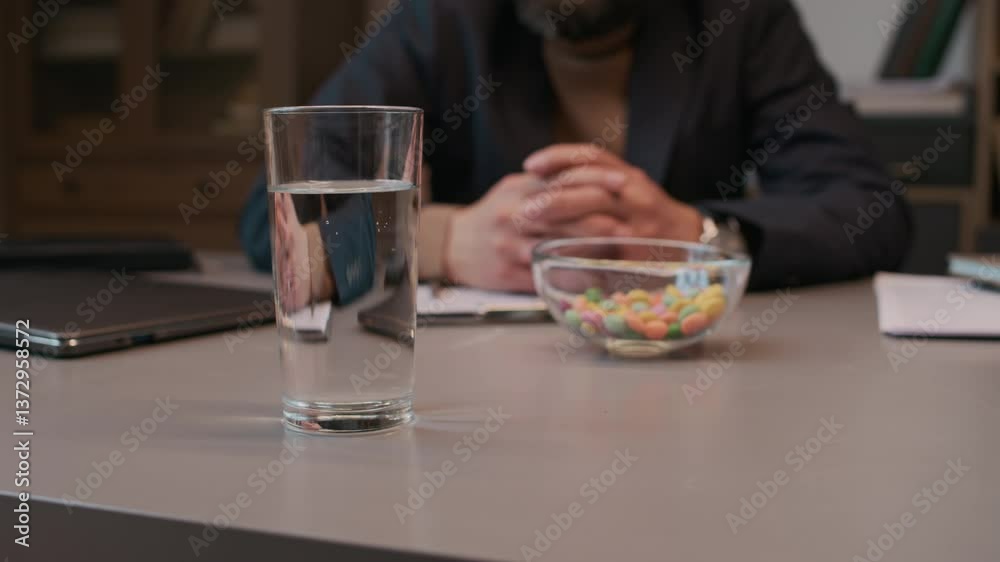 Close-up of anonymous psychologist offering glass of water during session, showing empathy and care for clients mental health Close-up of anonymous psychologist offering glass of water during session, showing empathy and care for clients mental health