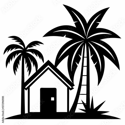 Tropical House Illustration with Palm Trees and Monochrome Design"