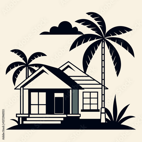 Tropical House Illustration with Palm Trees and Monochrome Design"