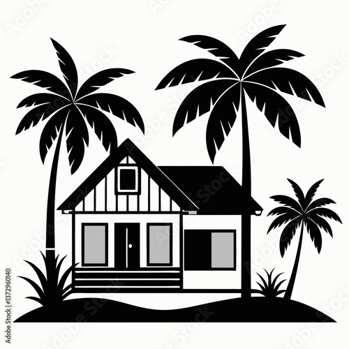 Tropical House Illustration with Palm Trees and Monochrome Design"