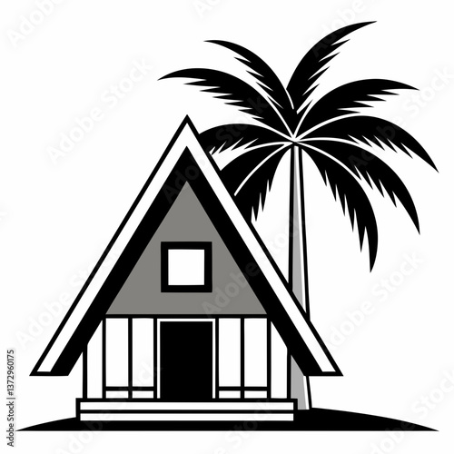 Tropical House Illustration with Palm Trees and Monochrome Design"