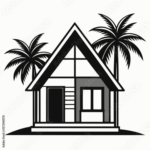 Tropical House Illustration with Palm Trees and Monochrome Design"